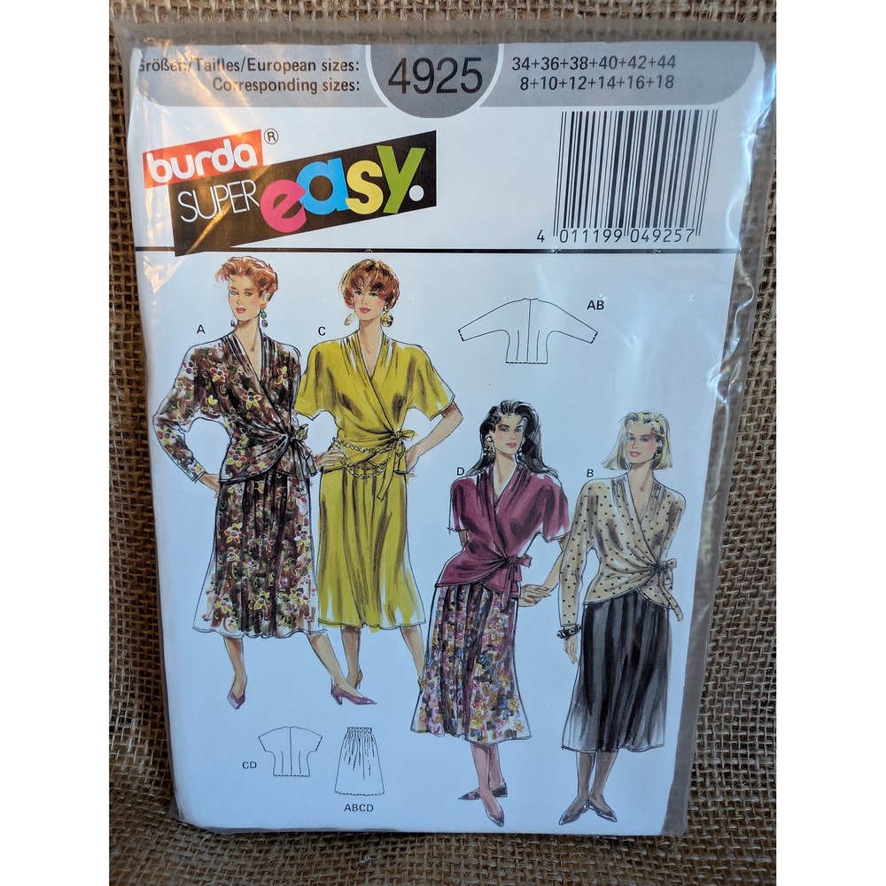 Burda Super Easy 4925 Sewing Pattern Women Wrap Blouse Skirt Dress Size 8-18